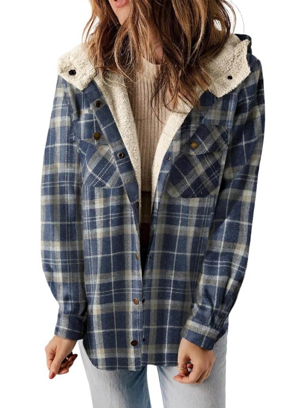 〽️Women's Blue Fleece Lined Plaid Shacket Hooded Winter Coat Pockets